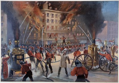 Brand en brandweerlieden in New York door Unknown artist