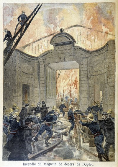 Brandweerinterventie tijdens de brand van de decorwinkel van de opera. Illustratie van de 