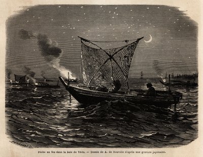 Vuurvissen in de baai van Yedo (of Edo, het huidige Tokio), tijdens de nacht, elke boot draagt een soort grill aan de voorkant lichten, het licht trekt vissen aan die worden gevangen met een groot net. Gravure ter illustratie van Japan, reisverhaal door Ai door Unknown artist