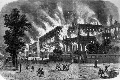 Brand van de Rekenkamer en het Legioen van Eer op 23 maart 1871 tijdens de Commune in Parijs. Gravure uit de 19e eeuw door Unknown artist