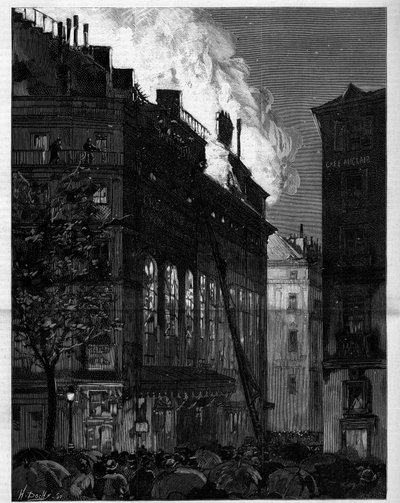 Brand van de Opera Comique in Parijs gezien vanaf Rue Marivaux en Boulevard des Italiens op 26 mei 1887. Gravure in 