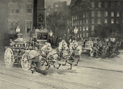 Brandweerwagen getrokken door paarden arriveert op de brandlocatie. VS. 1895 door Unknown artist