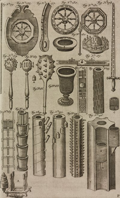 Vuurwielen en lanceerbuizen voor vuurwerk, gravure uit Grand Art d