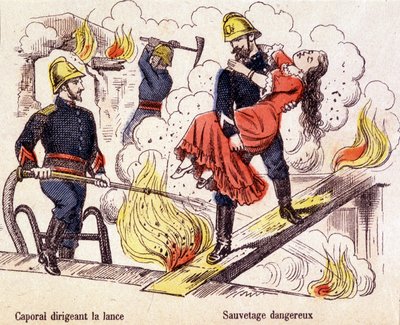 Brandweerman die een jonge vrouw redt uit de vlammen van een brand. door Unknown artist