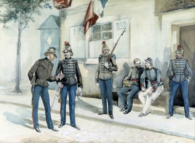 Brandweerlieden voor hun kazerne in 1870 door Unknown artist