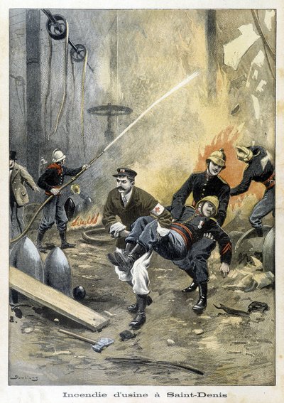 Brandweerlieden die ingrijpen tijdens een brand bij Usine in Saint Denis. Illustratie van de 
