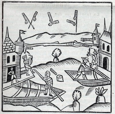 Vuurwerk en vuurwerk: Vuurwerk op water. Reproductie van de gravures van het werk van de Franse jezuïet Jean Leurechon La recreation mathematiques, ou Interview facetieux sur plusieurs plaisants problemes, en fait d