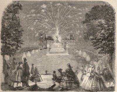 Vuurwerk en verlichting van het kasteel van Maison Laffitte op de avond van de landbouwcommissie wedstrijd. Gravure in 
