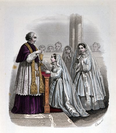 Eerste communie scène, gravure door Unknown artist