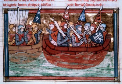 Eerste kruistocht: Godfried van Bouillon en de kruisvaarders varen naar het Heilige Land door Unknown artist