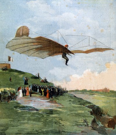 Eerste zweefvlucht van Otto Lilienthal (1848-1896), een Duitse ingenieur, op zijn vliegtuig in 1894 door Unknown artist
