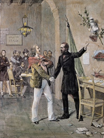 Eerste ontmoeting tussen Giuseppe Garibaldi en Giuseppe Mazzini in Marseille in 1833 (gravure) door Unknown artist