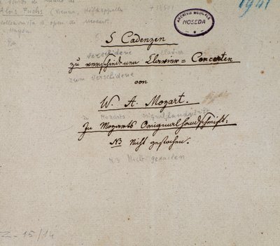 Eerste pagina van een manuscript van 5 cadensen voor piano door Mozart door Unknown artist