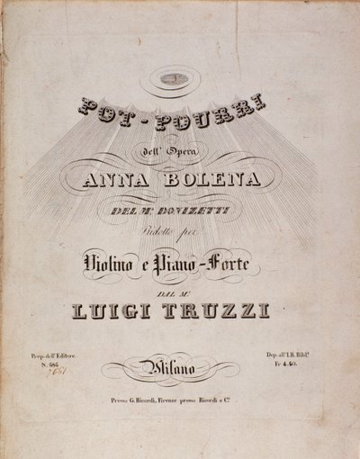Eerste pagina van bladmuziek van een potpourri van Anna Bolena, opera door Gaetano Donizetti door Unknown artist