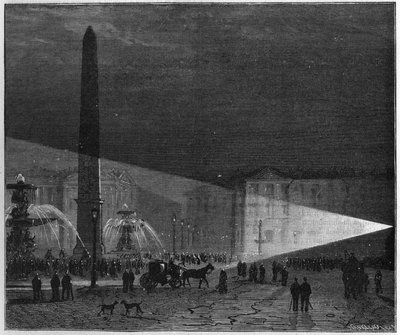 Eerste openbare ervaring met elektrische verlichting gemaakt in Parijs op de Place de la Concorde door Deleuil en Léon Foucault in december 1844. in 