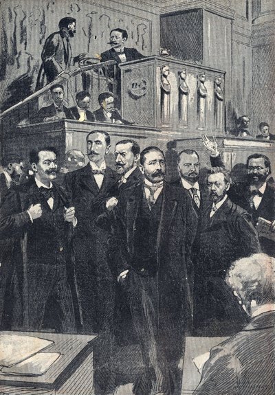Eerste zitting van de Kamer van Afgevaardigden gekozen in 1898: Paul Deschanel (1855-1922), voorzitter van de Kamer van Afgevaardigden. Paul Adolphe Granier de Cassagnac (1842-1904), Lucien Millevoye (1850-1918), Paul Deroulede (1846-1914), Jacques Piou (1 door Unknown artist