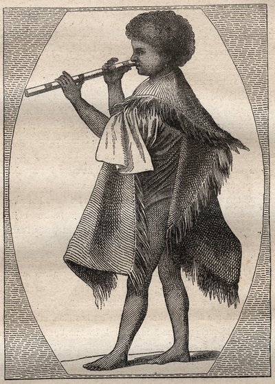 Eerste reis (1768-1771) door kapitein James Cook (1728-1779): Tahitiaanse fluitspeler - illustratie uit 