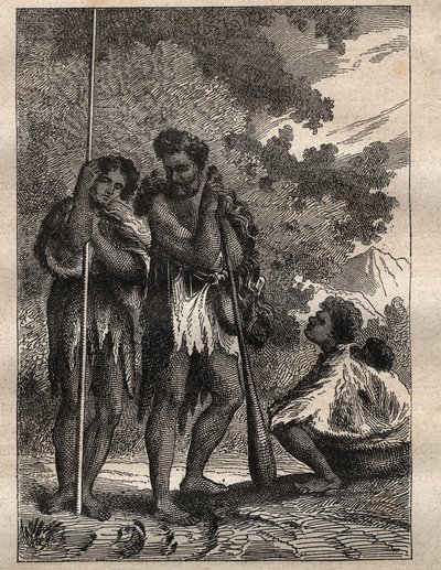 Eerste reis (1768-1771) door Kapitein James Cook (1728-1779): een Nieuw-Zeelands gezin - illustratie uit 