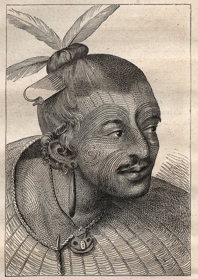 Eerste reis (1768-1771) van kapitein James Cook (1728-1779): getatoeëerd hoofd van een Nieuw-Zeelander - illustratie uit 