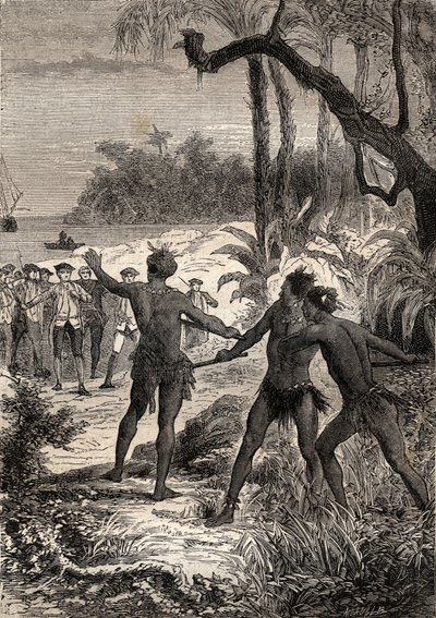 Eerste reis (1768-1771) van kapitein James Cook (1728-1779): terwijl Cook en tien zeelieden langs de zuidkust van Nieuw-Guinea varen, komen drie Indianen met grote kreten uit het bos - illustratie uit 