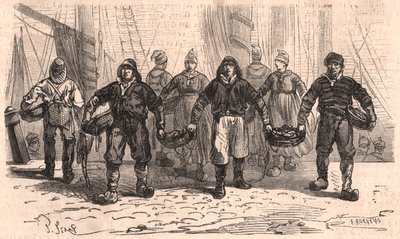 Vissers met manden vol vis op de kade van de haven van Trouville, Frankrijk door Unknown
