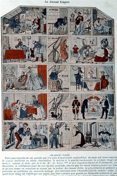 Vijf verdiepingen die de verschillende sociale klassen onder het tweede keizerrijk tonen. Illustratie weergegeven als een doorsnede van een Parijs gebouw. door Unknown artist