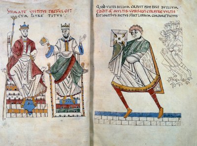 Flavius Josephus biedt zijn boek aan keizers Titus en Vespasianus aan. Miniatuur uit De Bello Judaico (Oorlog van de Joden) door Unknown artist