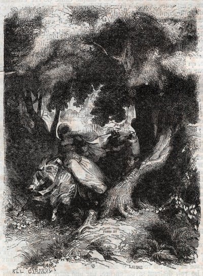 Vlucht van Angelica tijdens de strijd - gravure van 1851 uit 