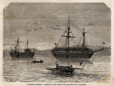 Drijvende gevangenissen van Frans-Guyana, een kolonie gewijd aan de gevangenschap van degenen die de rechtbanken overnamen en de mannen die moesten blijven. Gravure ter illustratie van de reis in Frans-Guyana in 1862-1863, door Frederic Bouyer, fregatkapit door Unknown artist