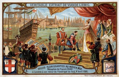 Bloeiende steden van de Middeleeuwen: ontvangst van Francis Drake (1542-1596) in Londen (Engeland), bij zijn terugkeer uit Zuid-Amerika, 4 april door Unknown artist