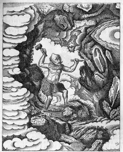 Vorming van de werelden: de Chinese god Pan-Kou-Che snijdt de aardkorst. Gravure in 