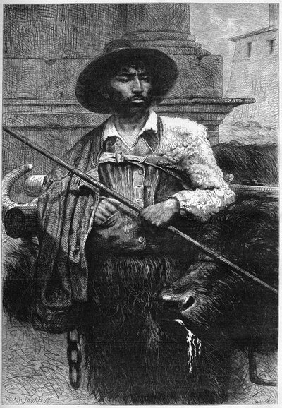 Voormalige boer: buffelrijder (buffelkwekerij voor mozzarella) Gravure in 