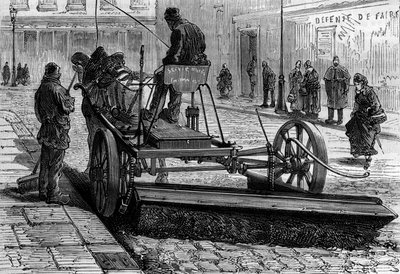 Oud beroep van Parijs: de machine om de straten van Parijs te vegen. Gravure in "La Nature" door Unknown artist