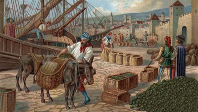 Oude winkelcentra: transport van vijgen naar Marseille in de Middeleeuwen. Chromolithografie van het einde van de 19e eeuw. door Unknown artist