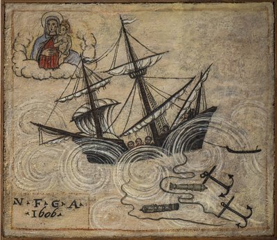Oud votief (ex voto) zeeman, populaire offer als een belofte van toewijding en dankbaarheid van de zeeman die de gevaren van de zee overleefde, afkomstig uit de Kerk van de Heilige Maagd van de Boog van Napels (Madonna dell