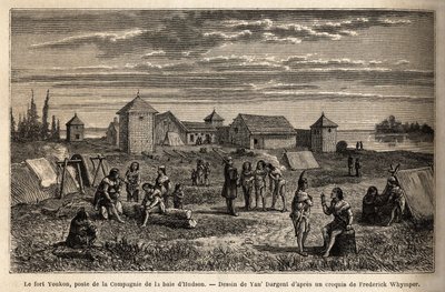 Fort Youkon, in de Golf van Norton, Alaska, gesticht in 1847, een vestiging van de Hudson Bay Company, Indianen gekampeerd rond de palissades. Gravure ter illustratie van de reis en avonturen in Engels Colombia, Vancouver Island en Alaska, door Frederick door Unknown artist