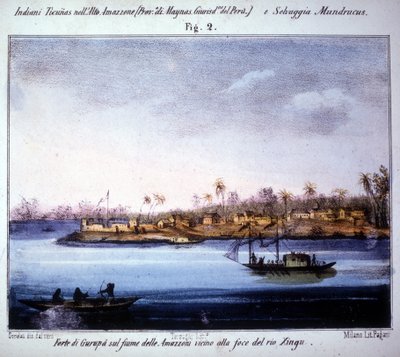 Fort van Gurupá aan de Amazone, nabij de monding van de Rio Xingu in Ecuador. Gravure uit 1846 - 1848 door Unknown artist
