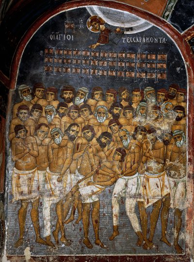 Veertig Martelaren van Sebaste of Heilige Veertig, fresco (12e eeuw), Ayios Nikolaos tis Steyis (Sint Nicolaas van het Dak) (11e eeuw) (Unesco Werelderfgoedlijst, 2001), Troodos bergen, Cyprus door Unknown artist