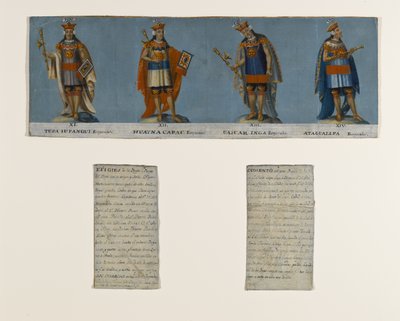 Vier Inca-koningen: Tupac Yupanqui, Huayna Capac, Huascar Inca, Atahuallpa, begin 19e eeuw door Unknown