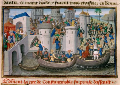 Vierde Kruistocht: uitzicht op de verovering van Constantinopel door de Kruisvaarders in 1203-1204. Miniatuur uit 