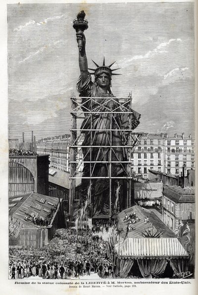 Frankrijk, Parijs, Overhandiging van het Vrijheidsbeeld aan de Amerikaanse ambassadeur - Verpakking van het Vrijheidsbeeld gemaakt door Frederic Auguste Bartholdi (1834-1904) in steigers om het van Parijs naar Amerika te vervoeren door Unknown artist
