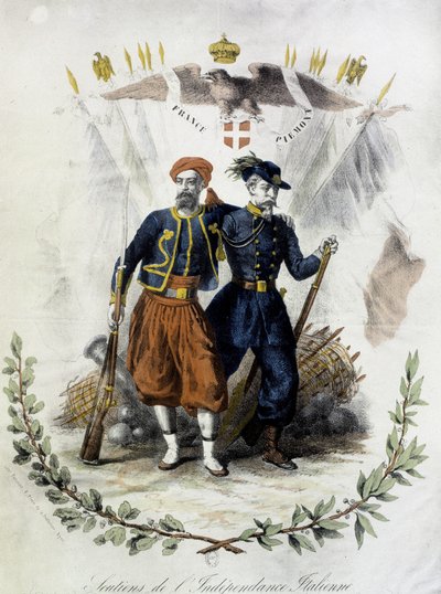 Frankrijk en Piëmont, voorstanders van Italiaanse onafhankelijkheid - gekleurde gravure door Unknown artist