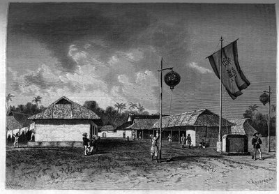 Frankrijk in Indochina: Frans militair post binnen de citadel van Hue, hoofdstad van Indochina. Gravure in 