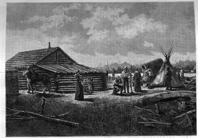 Franco-Canadees Métis-dorp in Canada. Gravure in 