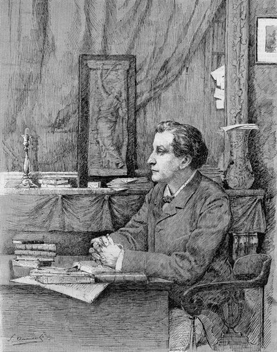 François Coppée (1842-1908), Franse dichter en toneelschrijver. Tekening door M.F. Desmoulins. 1885 door Unknown artist