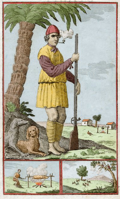 Franse boekanier uit Santo Domingo (Haïti). Gravure in 