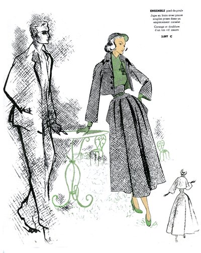 Franse mode, ontwerp voor houndstooth outfit. door Unknown artist