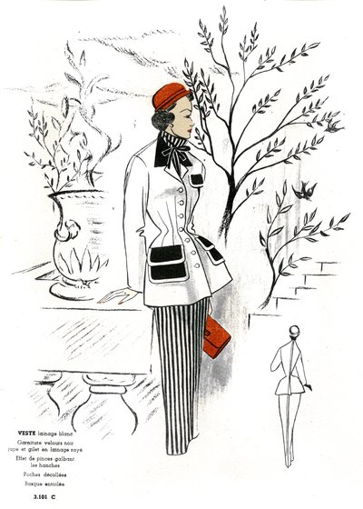 Franse mode, outfitontwerp in wol. door Unknown artist