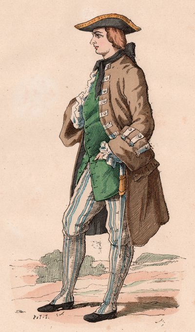 Franse heer in jachtkostuum, met jas, vest en driekantige hoed met een dolk aan zijn zijde tijdens de XVIII eeuw door Unknown