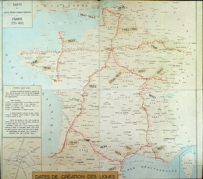 Franse geografische kaart met luchttelegraaflijnen. Begin van de 19e eeuw door Unknown artist